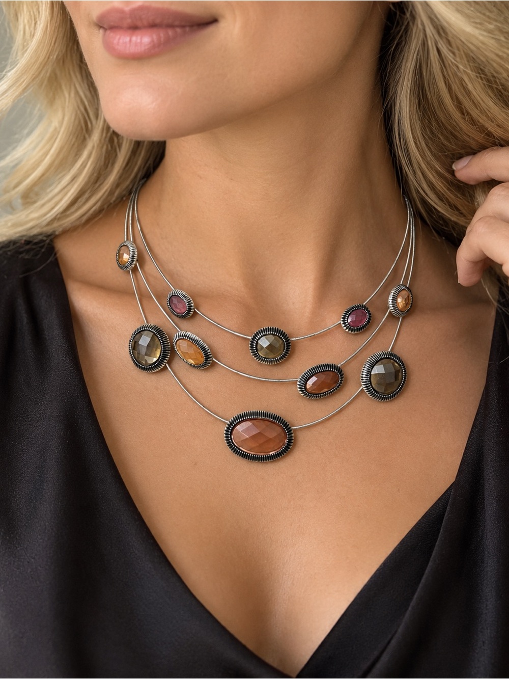 Multi-Stone Layered Necklace - Brown, Amber & Pink